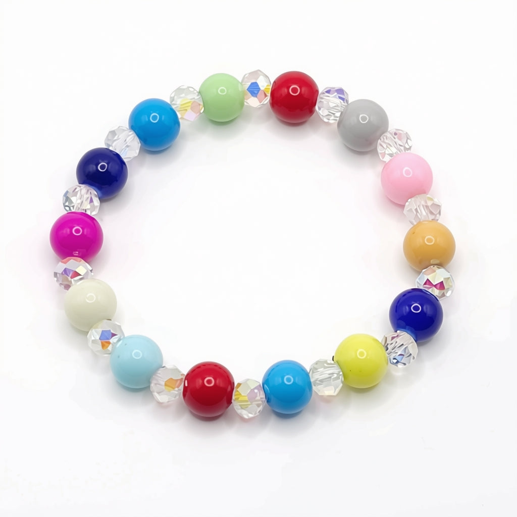 A multicolor beaded stretch bracelet featuring round glass beads in red, blue, green, pink, yellow, orange, gray, purple, and white, accented by clear faceted crystal rondelle beads, shown on a plain white background.
