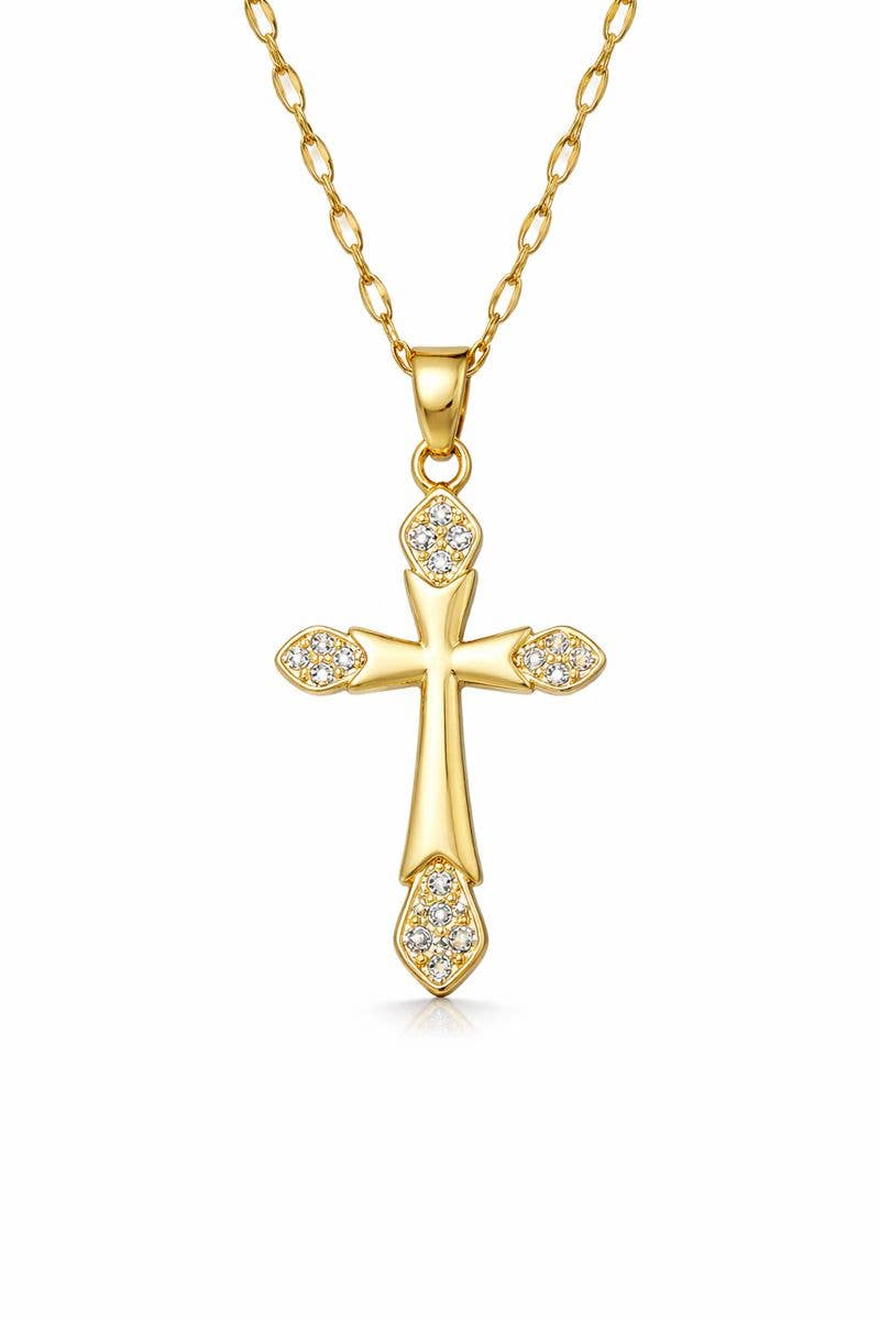 Gold cross pendant necklace with diamonds on a white background