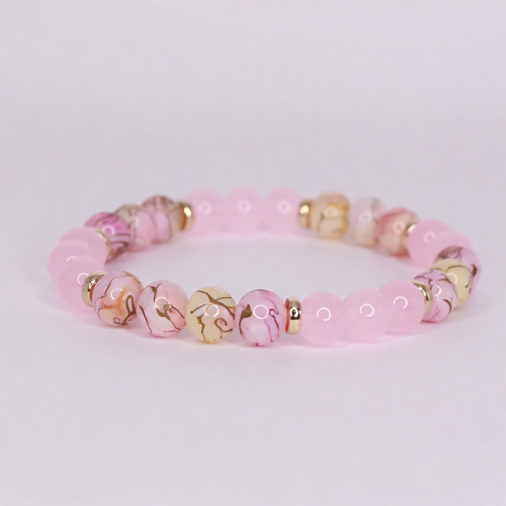 A beaded stretch bracelet featuring light pink translucent beads and a few marbled, patterned beads with gold and cream swirls, separated by small metallic gold spacer beads, on a light gray background.