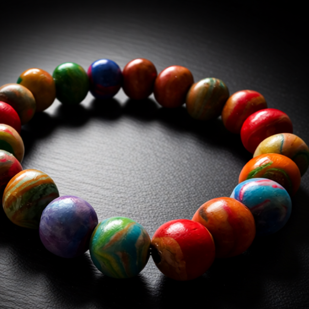 Multi-coloured beaded bracelet on a dark surface with 'Jewels of the Earth' branding.
