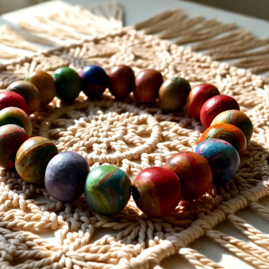 Colourful wooden beaded bracelet on a woven mat with text overlay