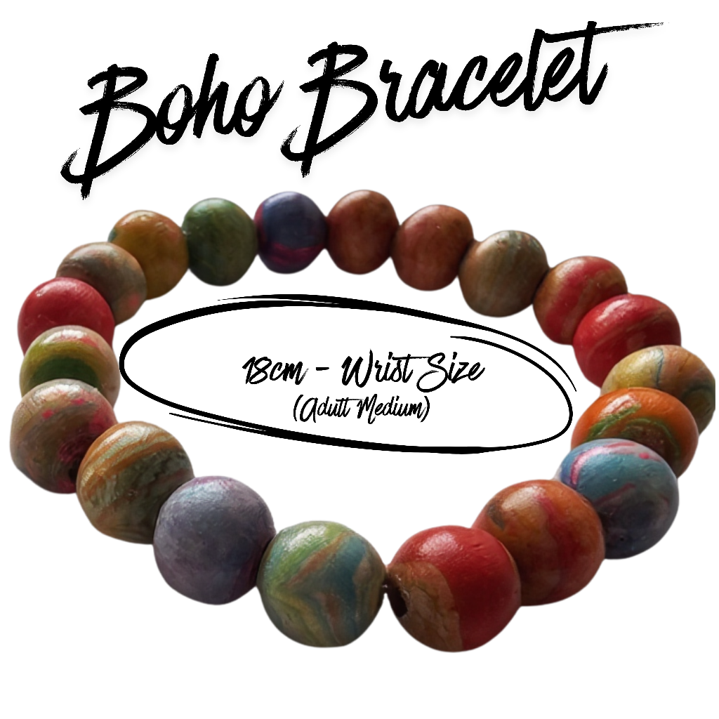 Boho bracelet with multi-coloured wooden beads on a white background