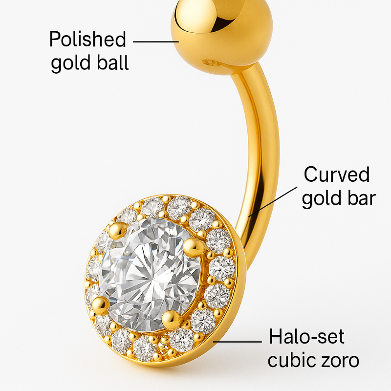 Gold belly button ring with labelled parts on a white background