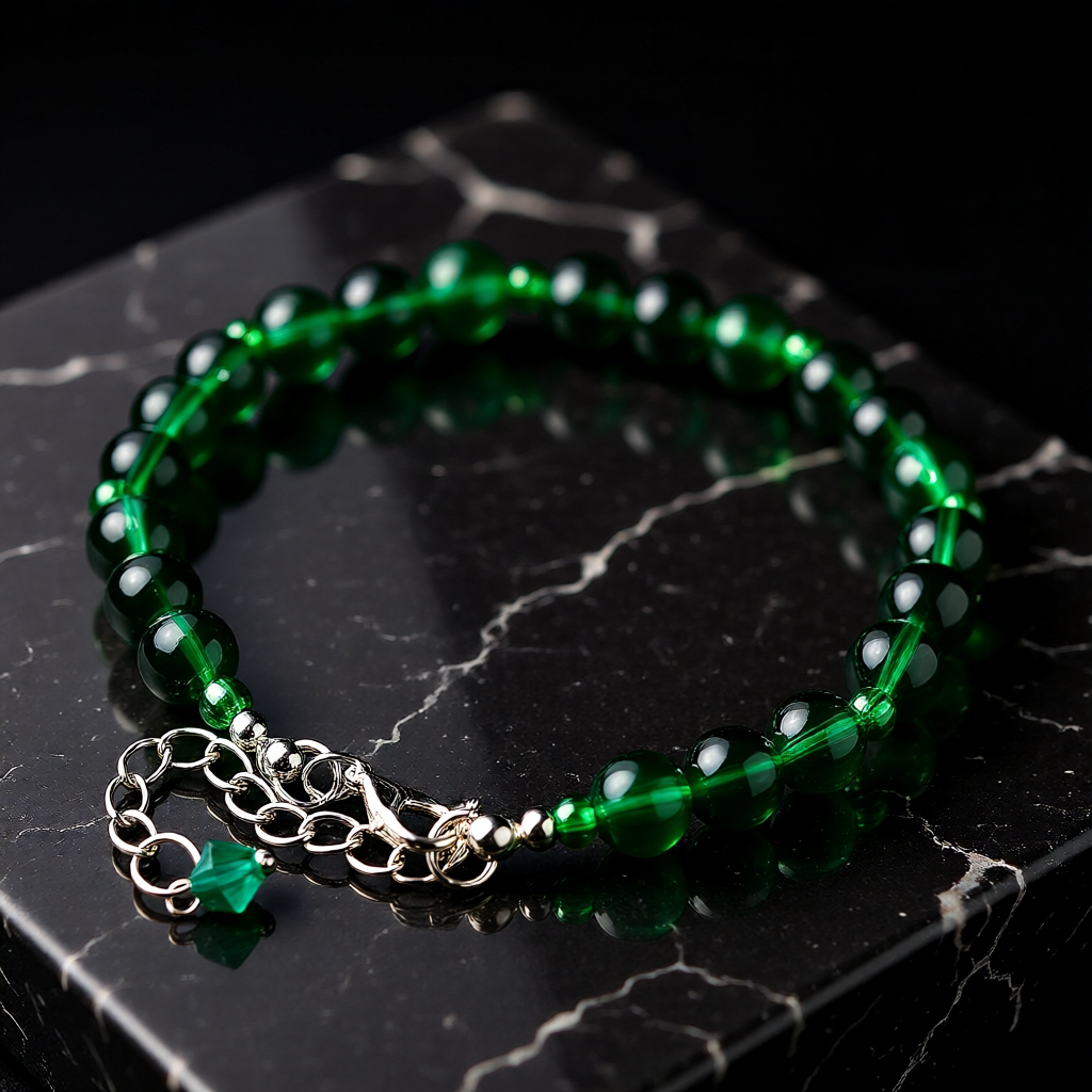 Green beaded bracelet with silver chain on a black marble surface