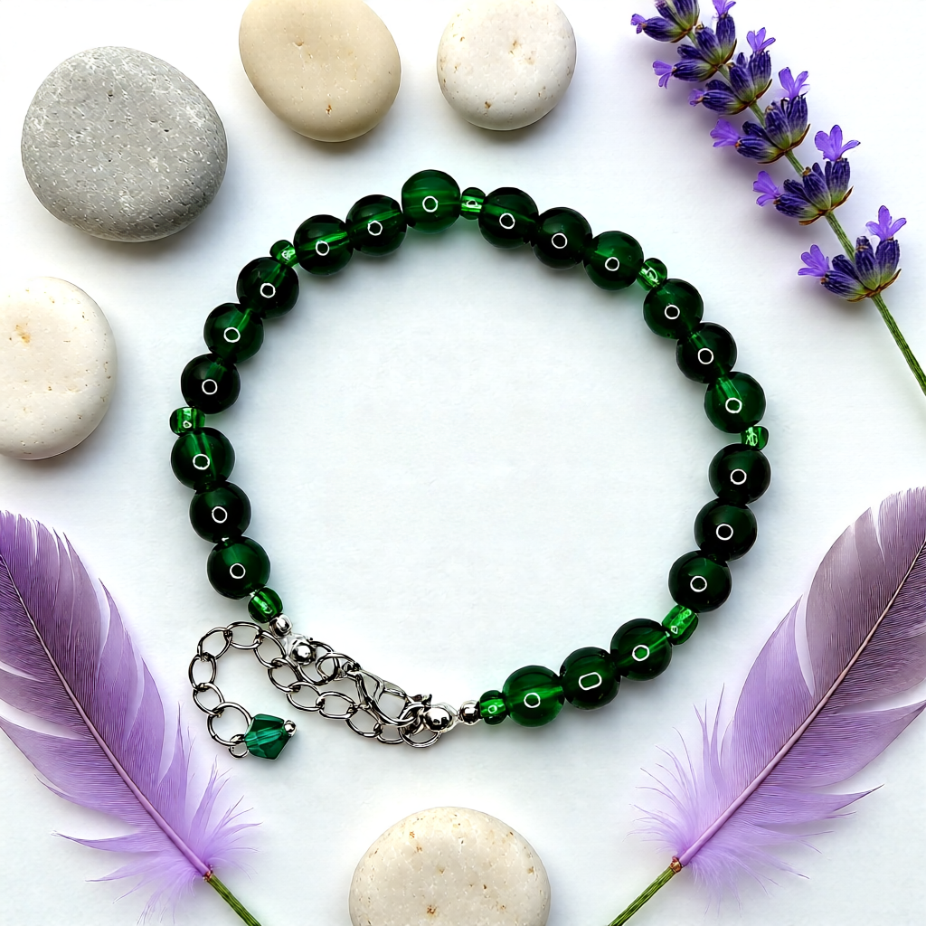 Green beaded bracelet with silver clasp on a white background with stones and purple flowers