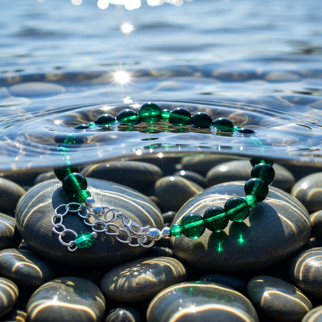 Green beaded bracelet on a rock with water in the background