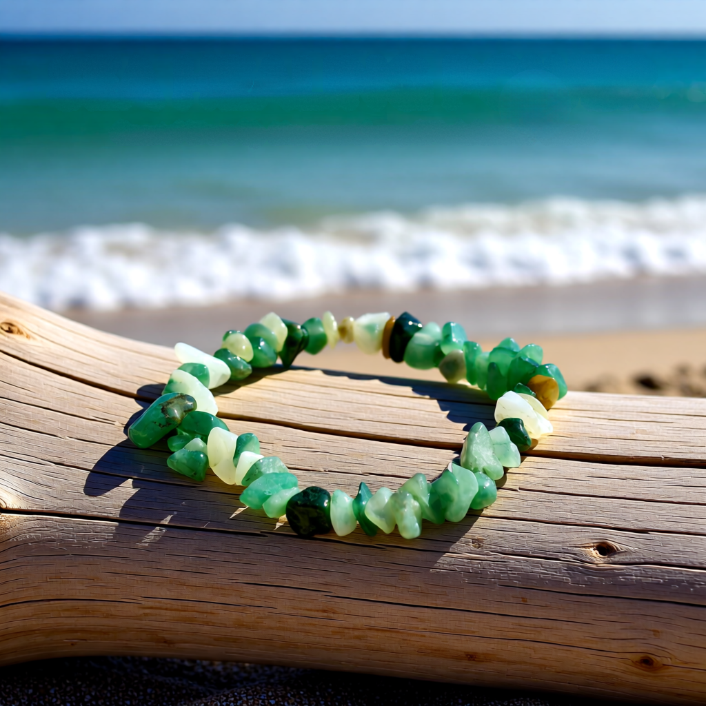 Green beaded bracelet on a wooden log with ocean waves in the background