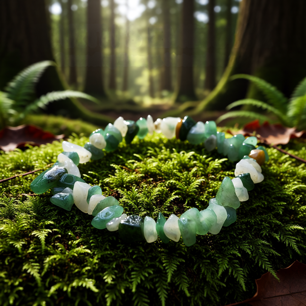 Green and white beaded bracelet on a mossy surface with a forest background