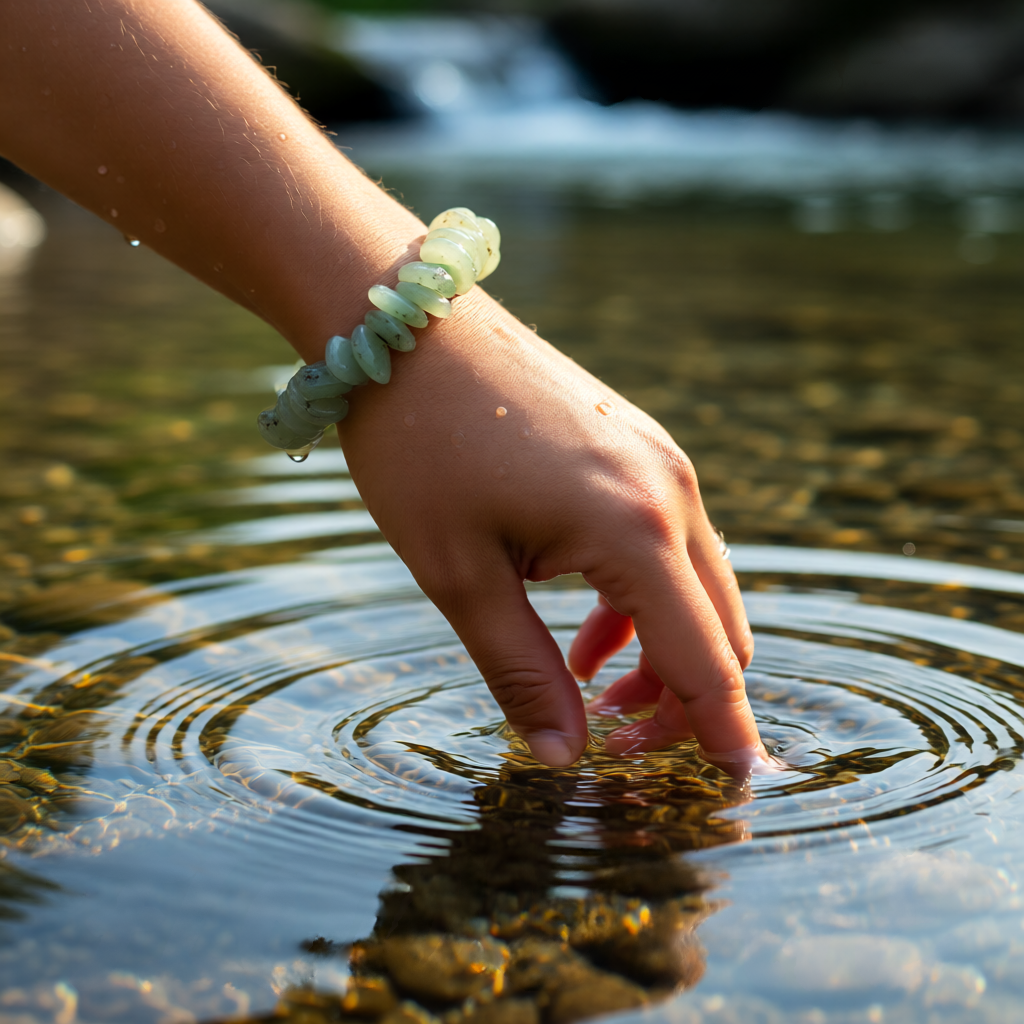 Hand with a bracelet touching water, creating ripples