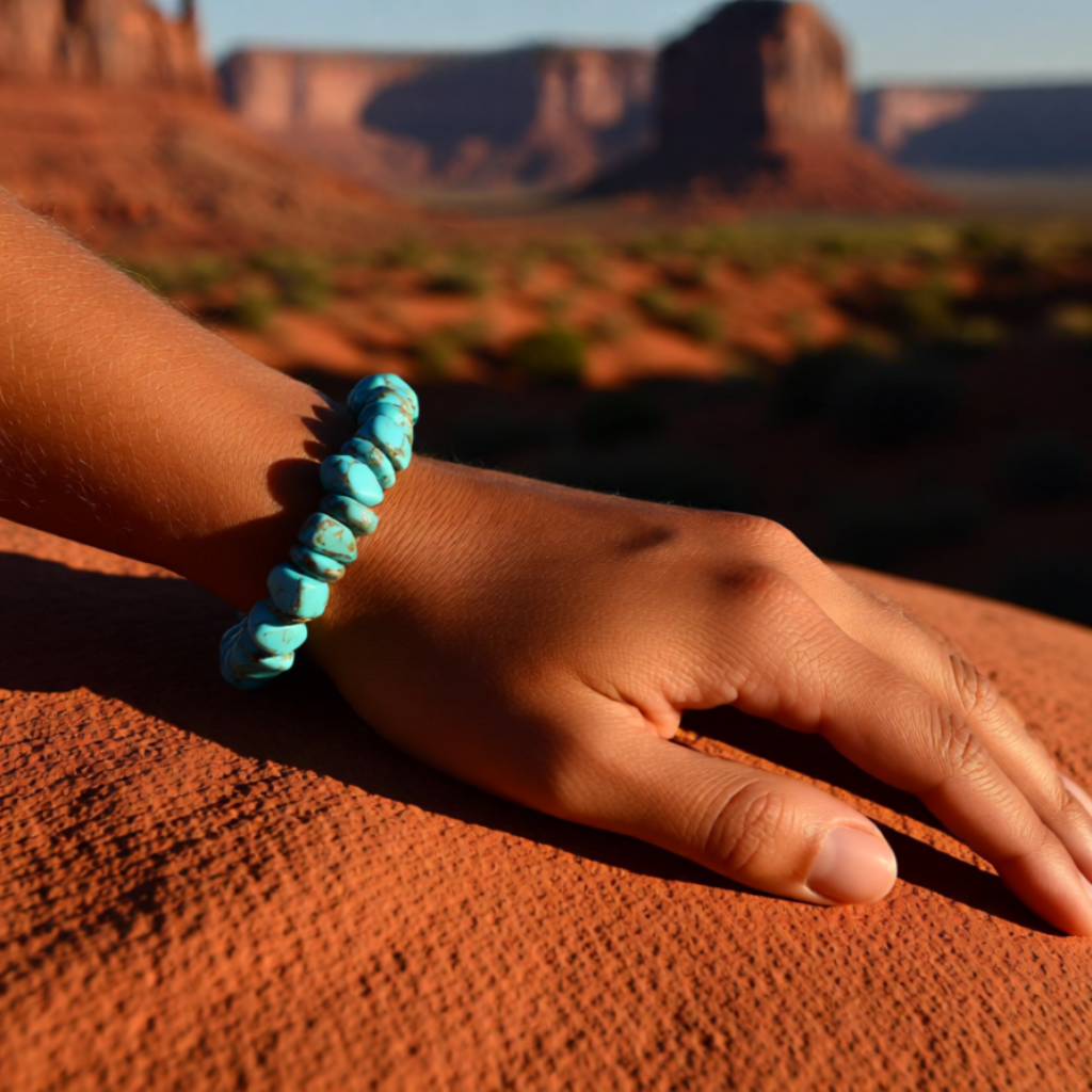 Hand wearing a turquoise bracelet with desert landscape