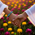 Two people holding hands with a field of flowers in the background 
