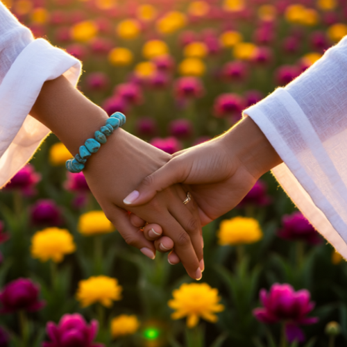 Two people holding hands with a field of flowers in the background 