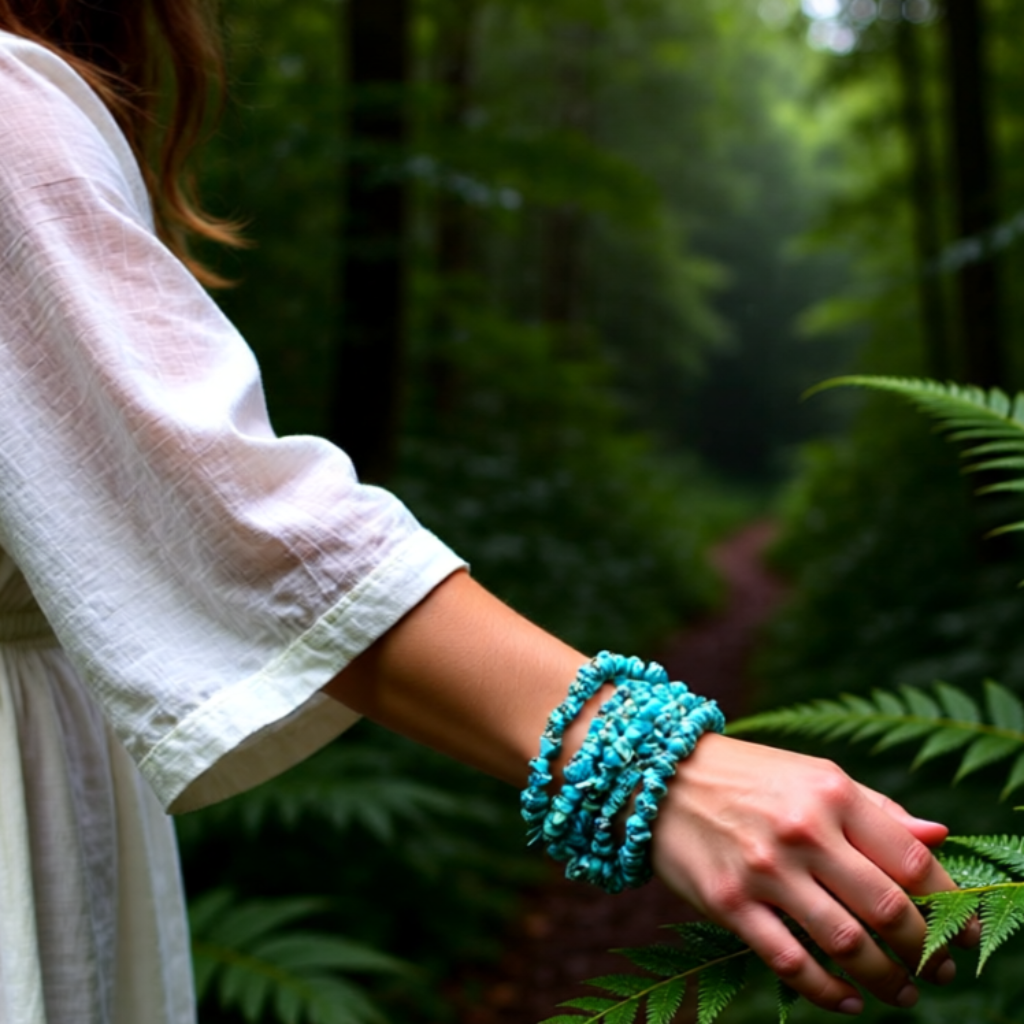 Person wearing turquoise bracelets in a forest