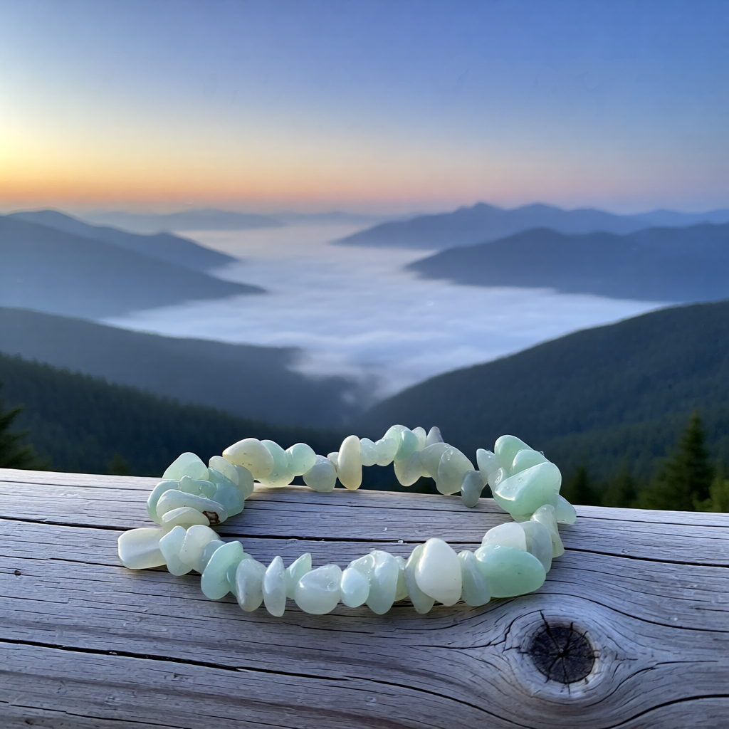 Green stone bracelet on a wooden surface with a mountainous landscape in the background