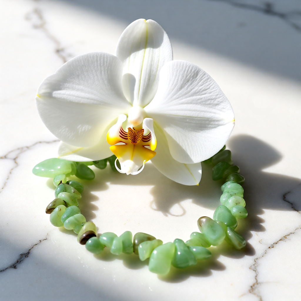 Green stone bracelet next to a white orchid on a marble surface