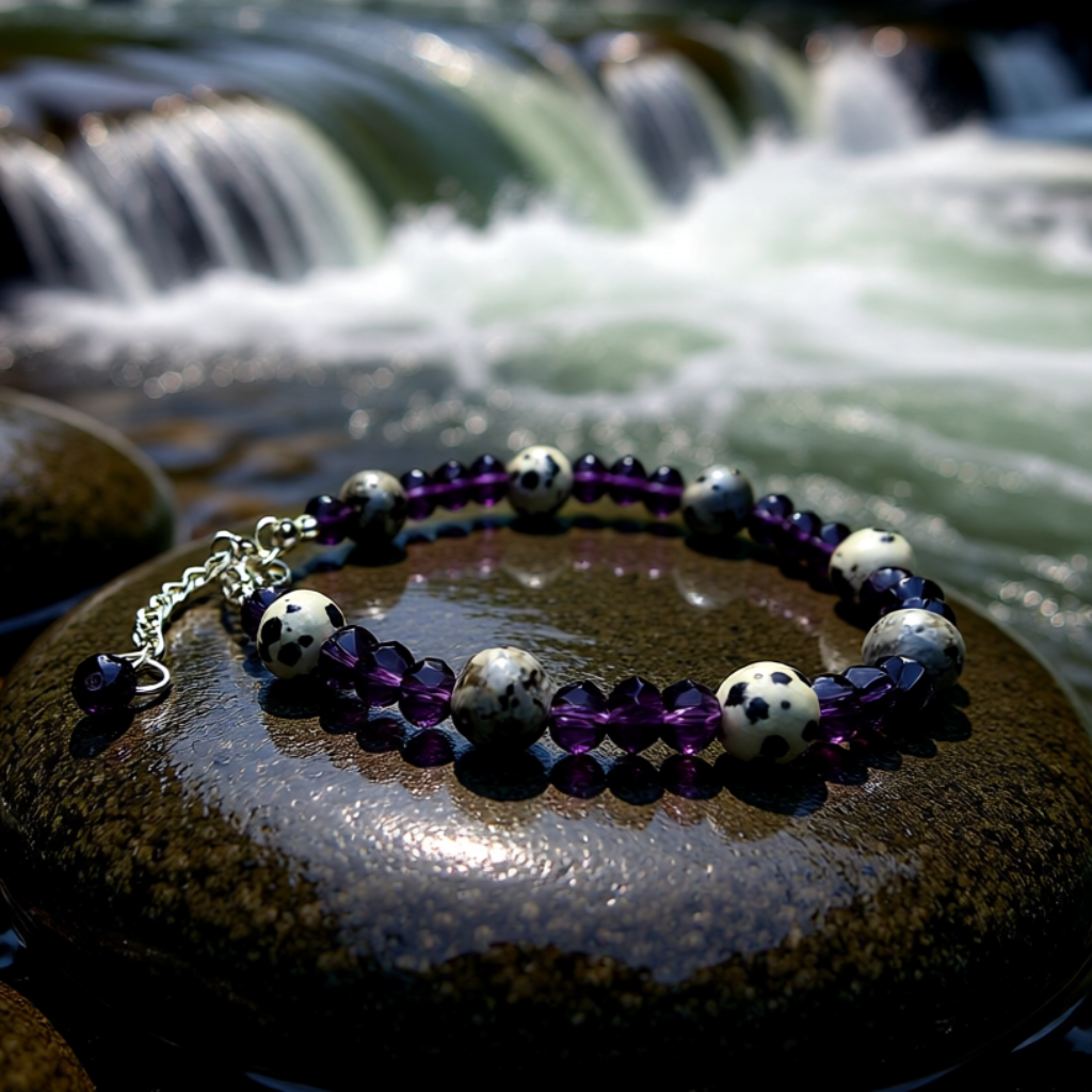 Bracelet with beads on a rock in front of a flowing waterfall