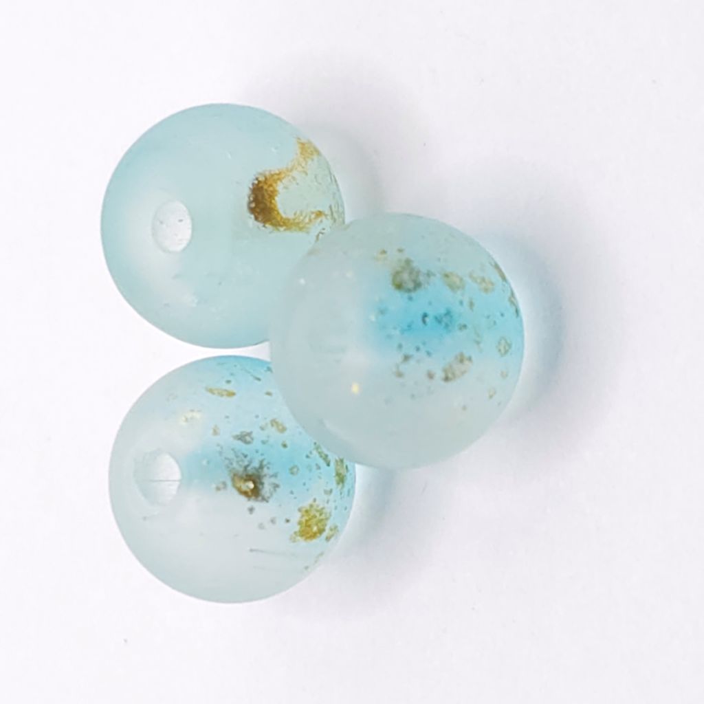 Three round translucent light blue beads with embedded gold flakes, arranged on a plain white background.