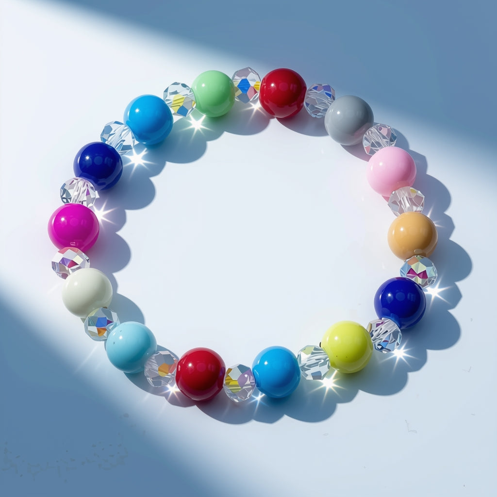A colorful beaded bracelet arranged in a circle on a light blue surface with dramatic shadows. The bracelet features glossy round glass beads in red, blue, green, pink, yellow, orange, gray, and white, interspersed with faceted clear crystal-like rondelle beads.