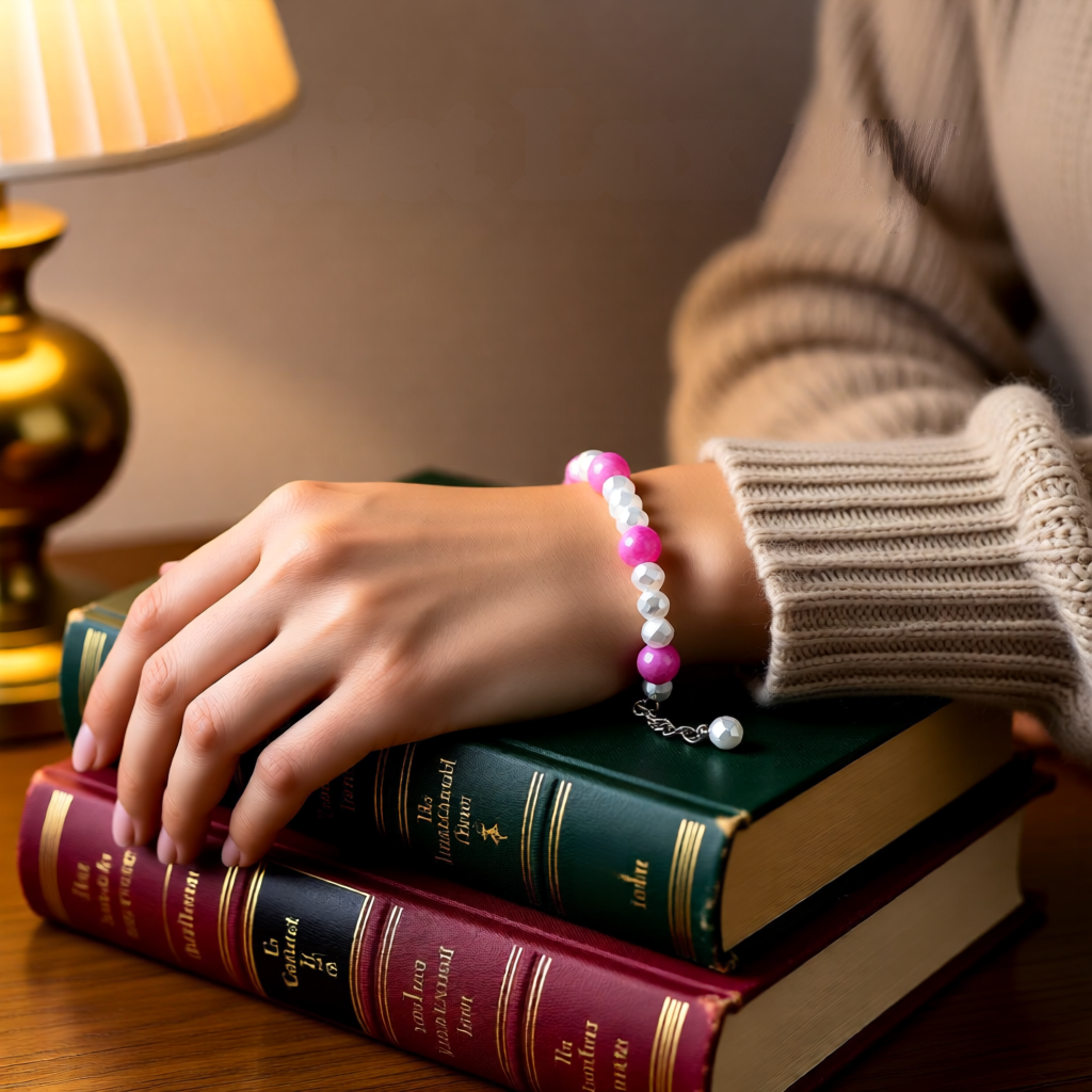 Person wearing a bracelet with their hand on a stack of books with a lamp in the background