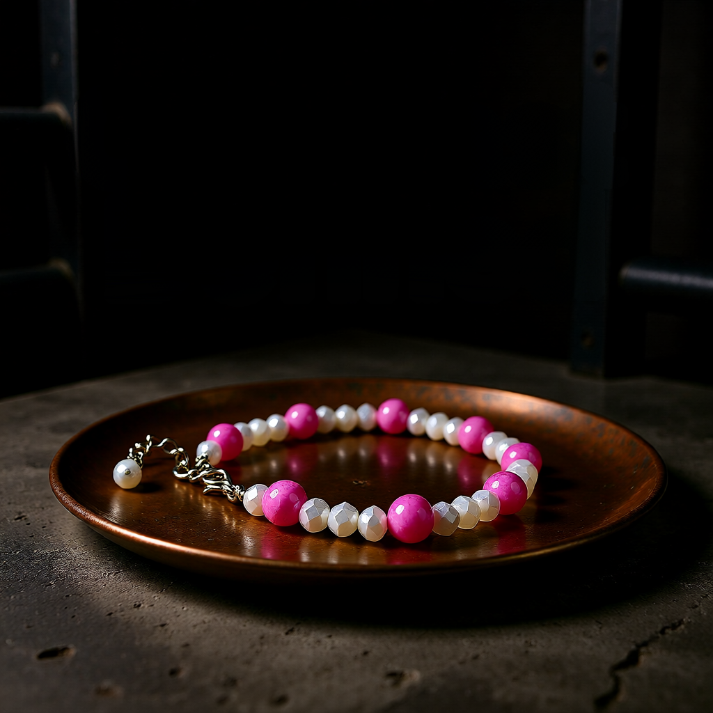 Bracelet with pink and white beads on a dark surface