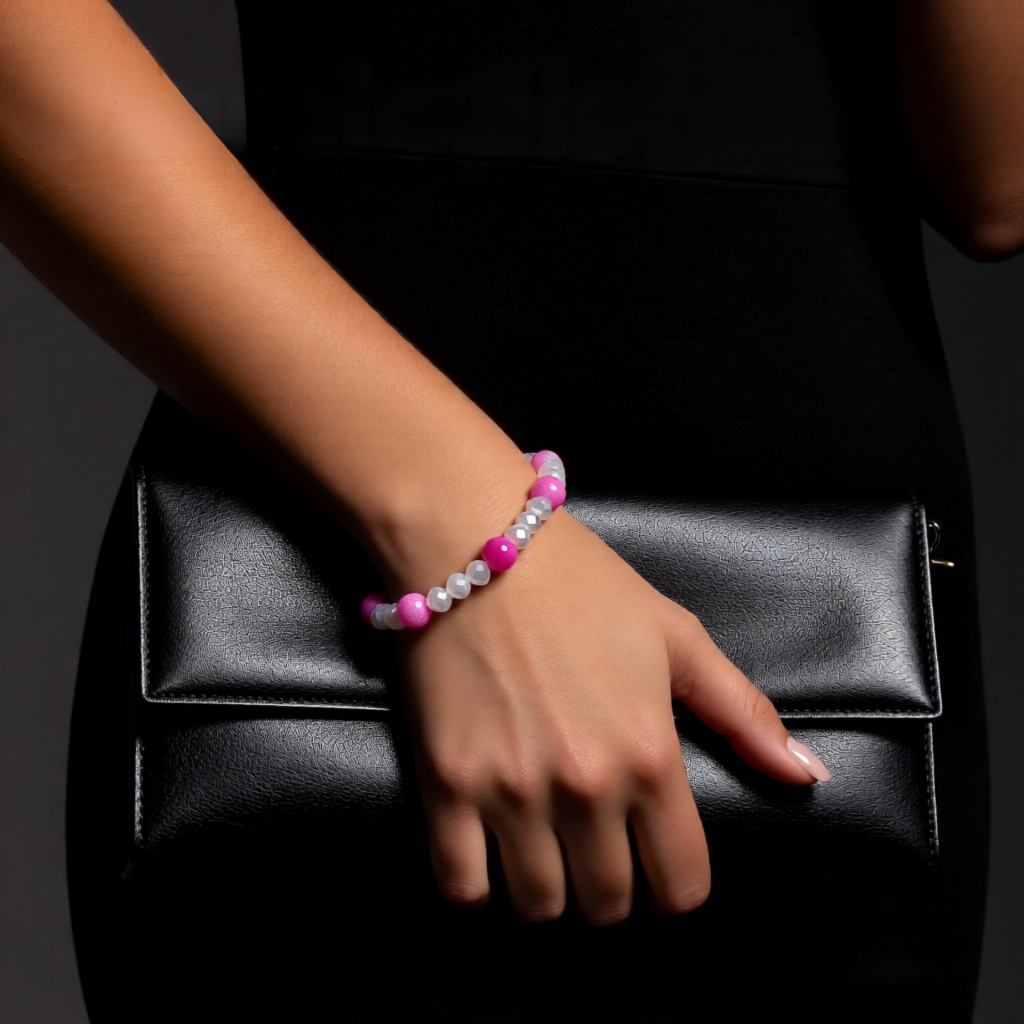 Hand wearing a pink beaded bracelet holding a black clutch against a dark background