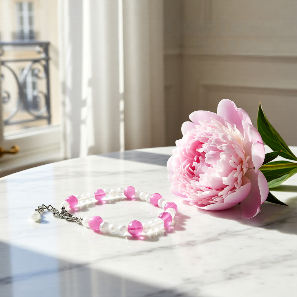 Pink and white beaded bracelet next to a pink peony flower on a marble surface.