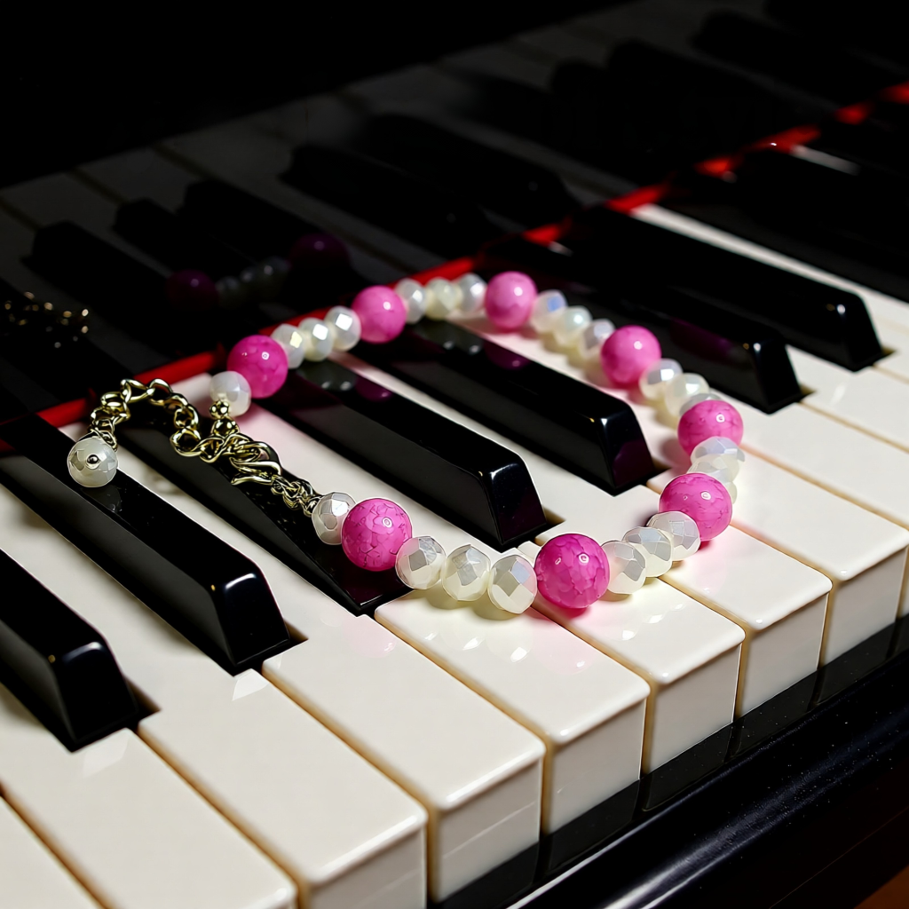 Pink and white beaded necklace on a piano keyboard