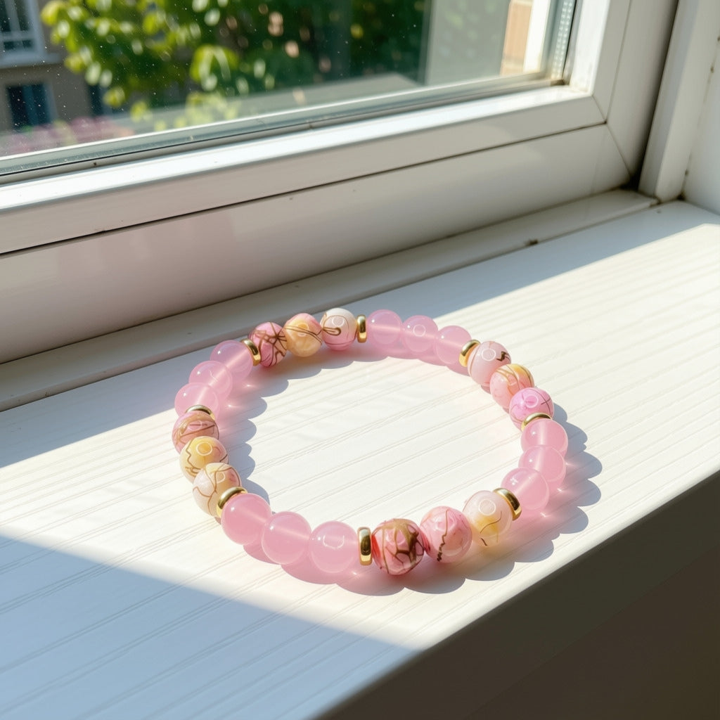 A pink beaded stretch bracelet with floral and metallic accent beads, resting on a sunlit white windowsill.