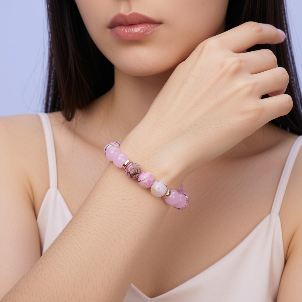 A close-up of a woman wearing a glass beaded bracelet on her wrist. The bracelet features light pink and lavender beads, white pearl-like beads, and small metallic spacer rings.