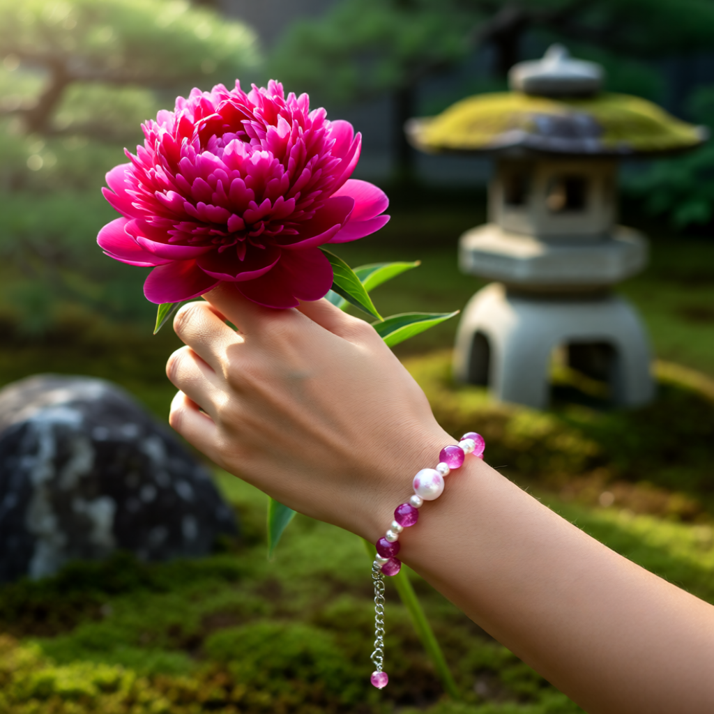 Hand holding a pink flower with a bracelet in a garden setting