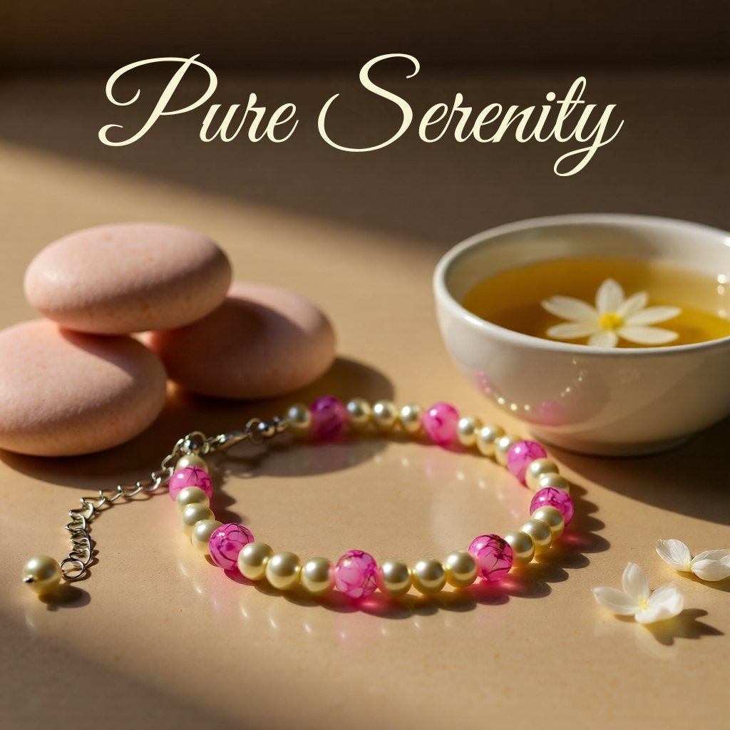 Bracelet with pink and white beads on a wooden surface with stones and a tea cup.