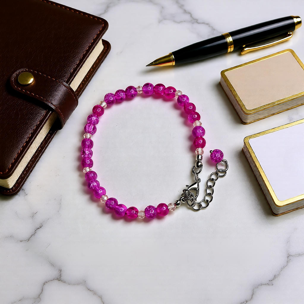 Pink beaded bracelet on a marble surface with a leather notebook, pen, and cards.