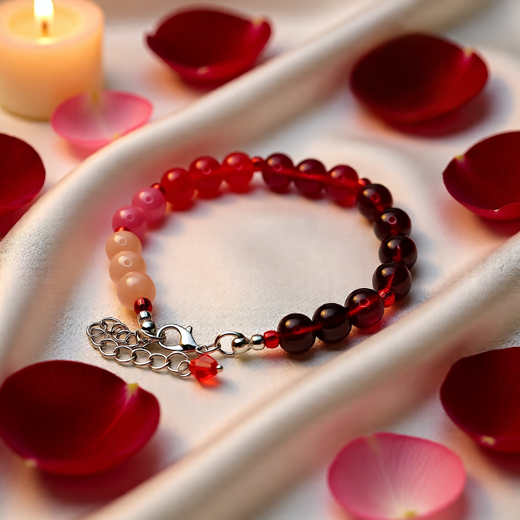 Beaded bracelet with red and pink beads on a white dish with rose petals and a candle.