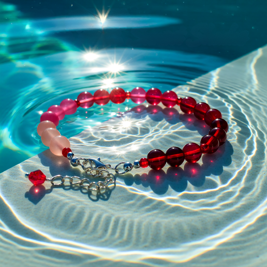 Beaded bracelet with red and pink beads on a water surface