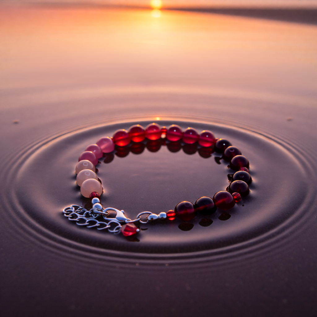 Beaded bracelet on water with a sunset background