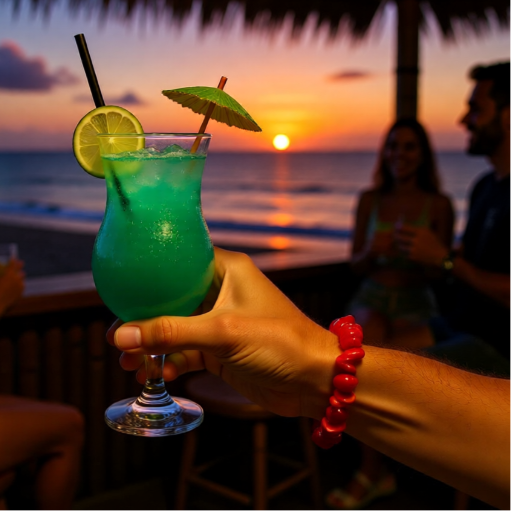 Person holding a blue cocktail with a sunset and beach in the background wearing a red coral bracelet