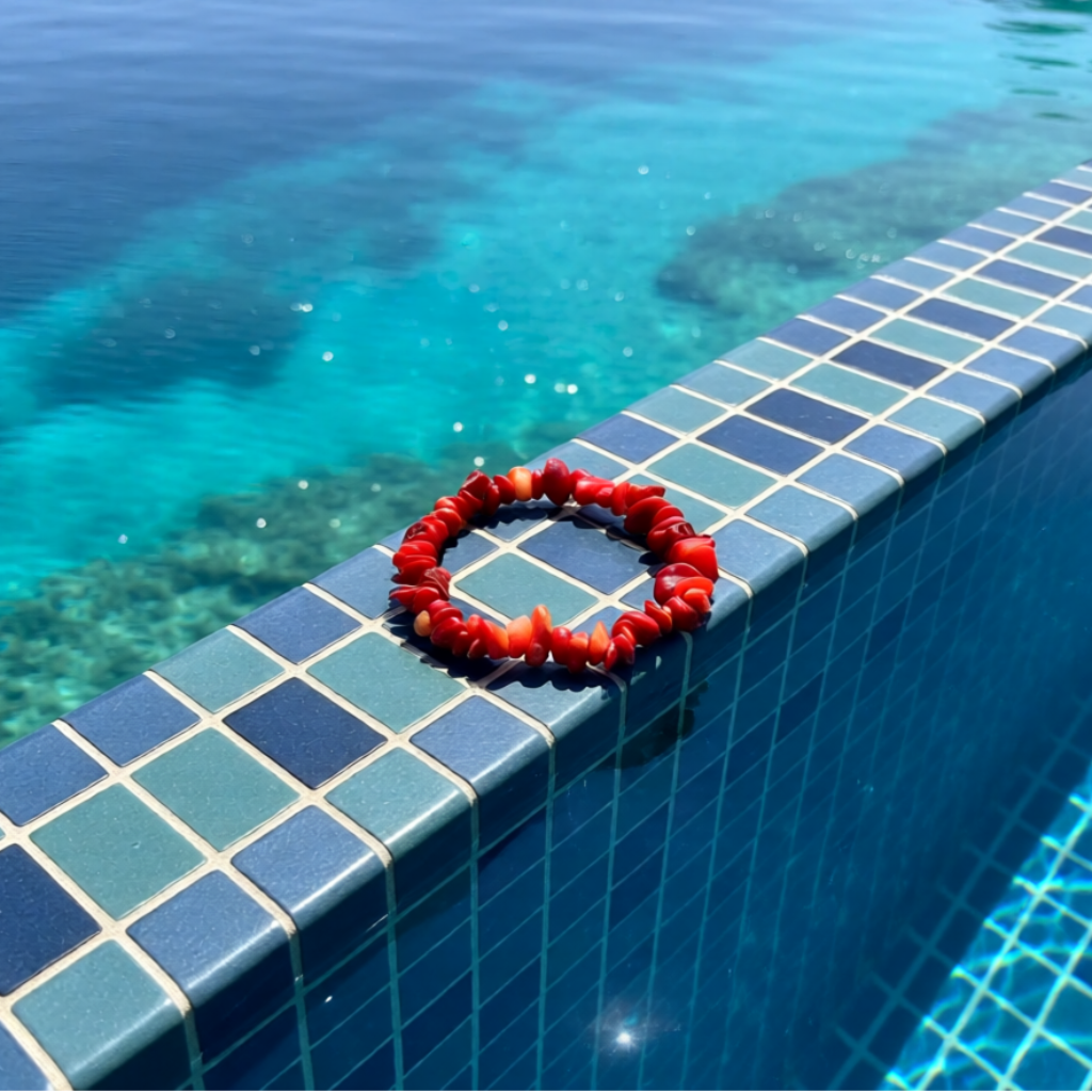 Red coral bracelet on a pool ledge with ocean view
