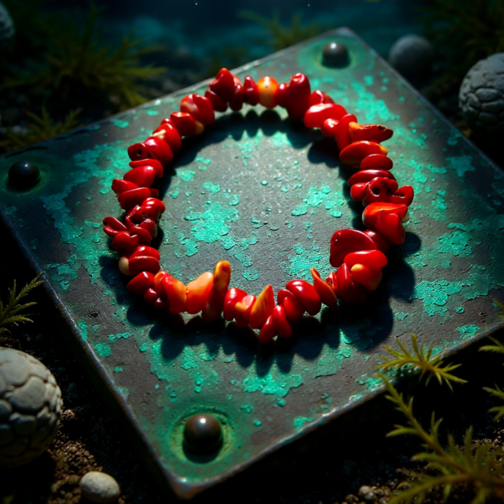 Red coral bracelet on a dark stone surface