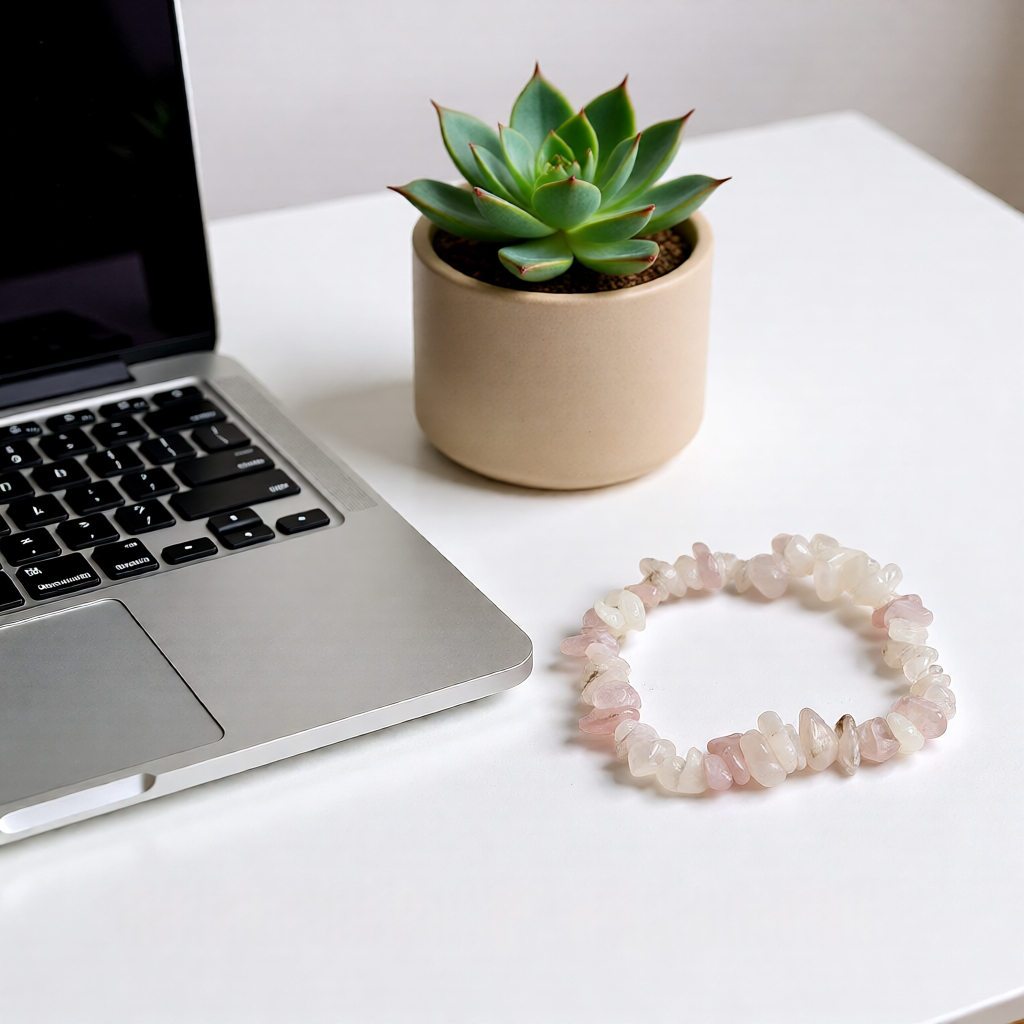 Laptop on a desk with a potted succulent and a bracelet.