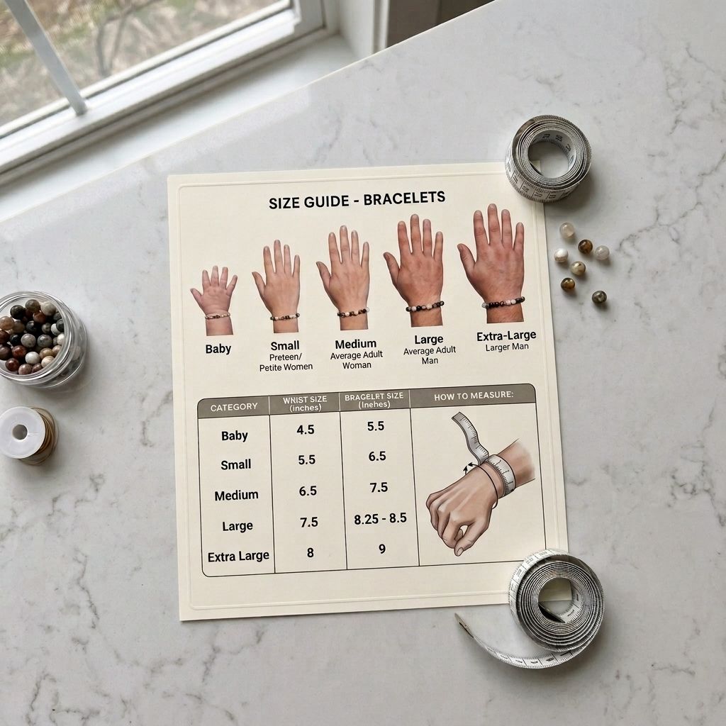 A size guide poster for bracelets laid out on a light marble surface, showing hand size illustrations from baby to extra large and a measurement table. Tape rolls, beads, and small jars are arranged around it near a window.